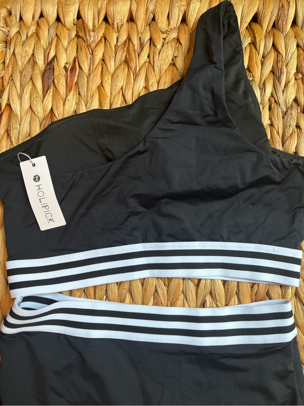 NWT One-Shoulder Black Two-Piece Swim Set High-Waisted Bottom Striped Waistband - Picture 9 of 9